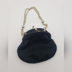 Vintage Evening Pouch Bag Purse Black Formal Evening Party Gold Chain Hong Kong.